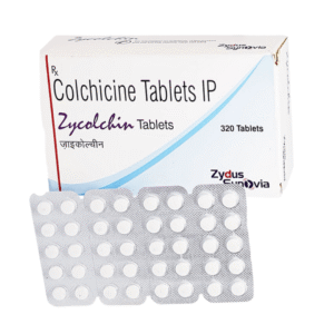 Box of Colcrys (colchicine) capsules